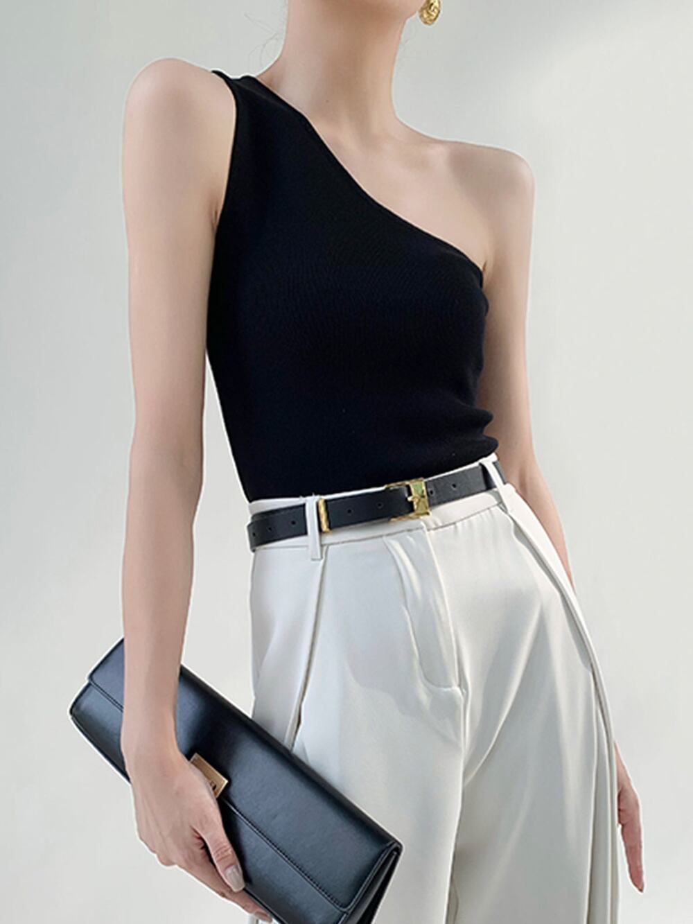 Commense Casual Stretch Solid Black One Shoulder Top Asymmetrical Small
